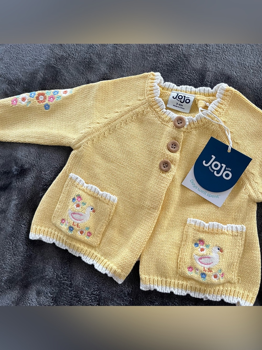 JoJo Maman Bébé Light Yellow Scallop Edge Embroidered Pocket Cardigan